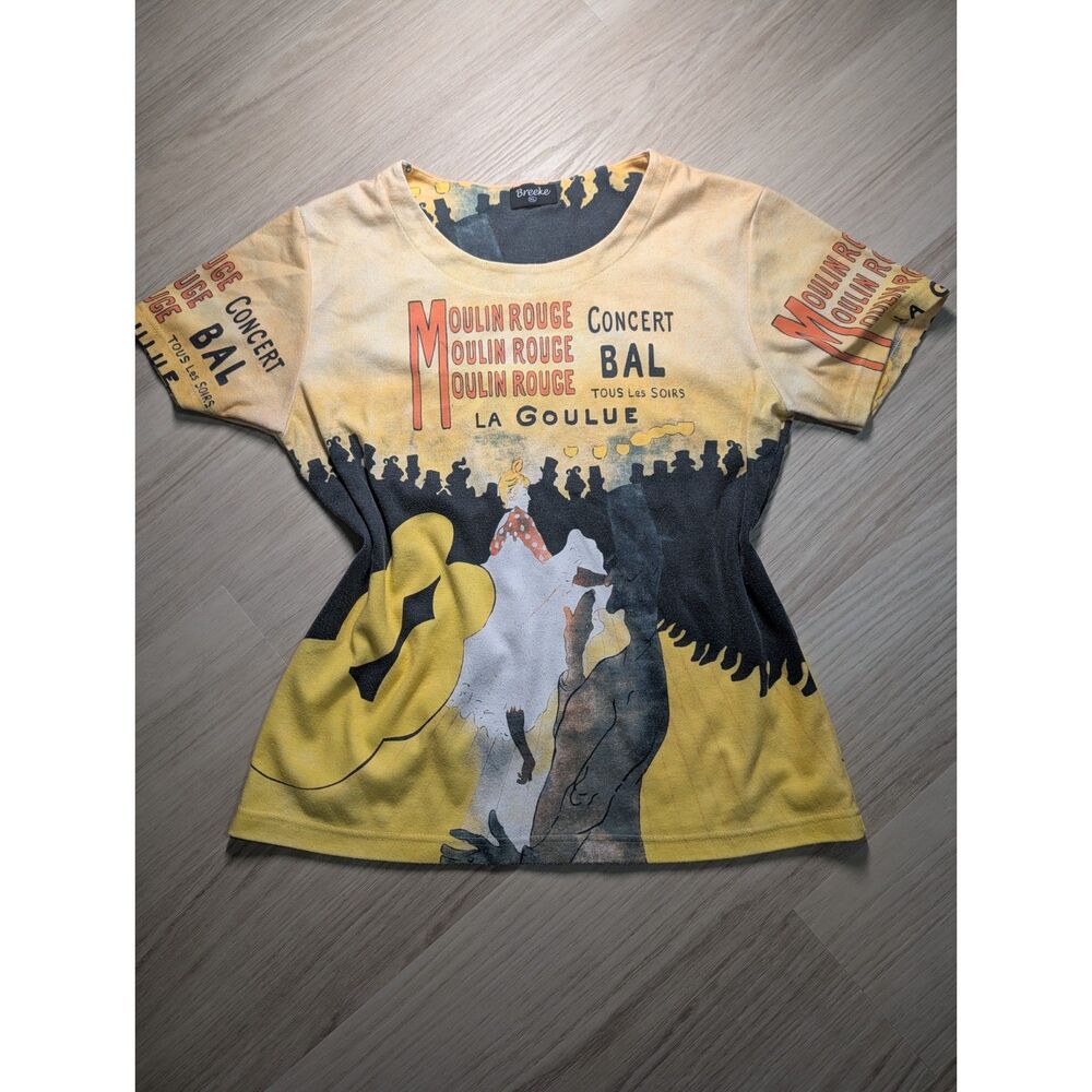 Vintage Y2K Breeke Moulin Rouge Paris Graphic T-Shirt Size XL Yellow Black